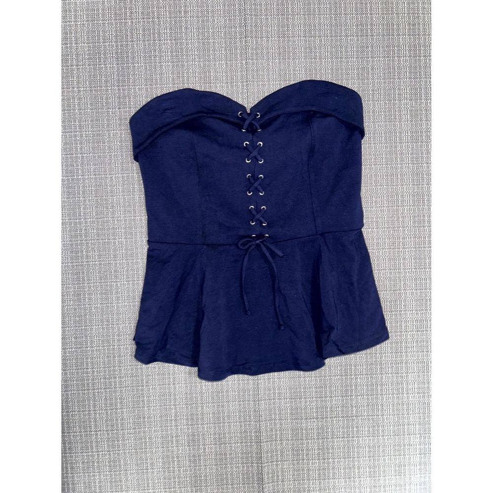 Express Peplum Tube Top Womens Small Blue Stretch Corset Bustier Lace Up Cropped